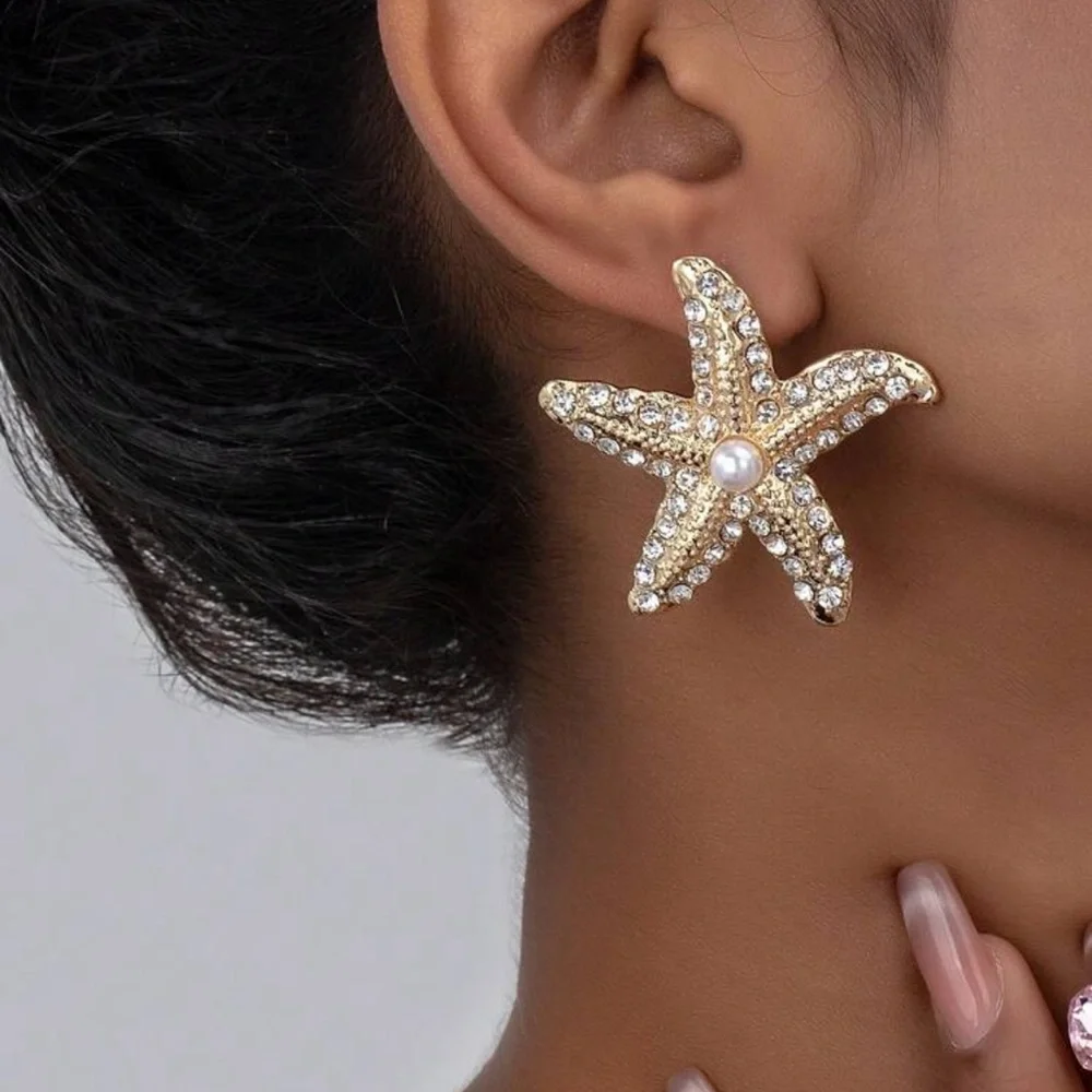 Gold and White Starfish Earrings with Sparkling Gemstones, Seashell Earrings